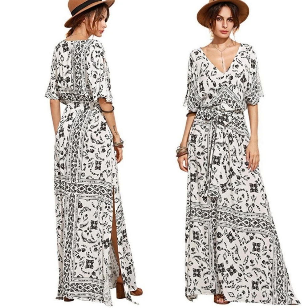 MILUMIA Boho Tie-Waist Vintage Print Maxi Dress
